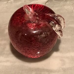 Ruby Red Glass Apple Paper Weight Signed Vintage